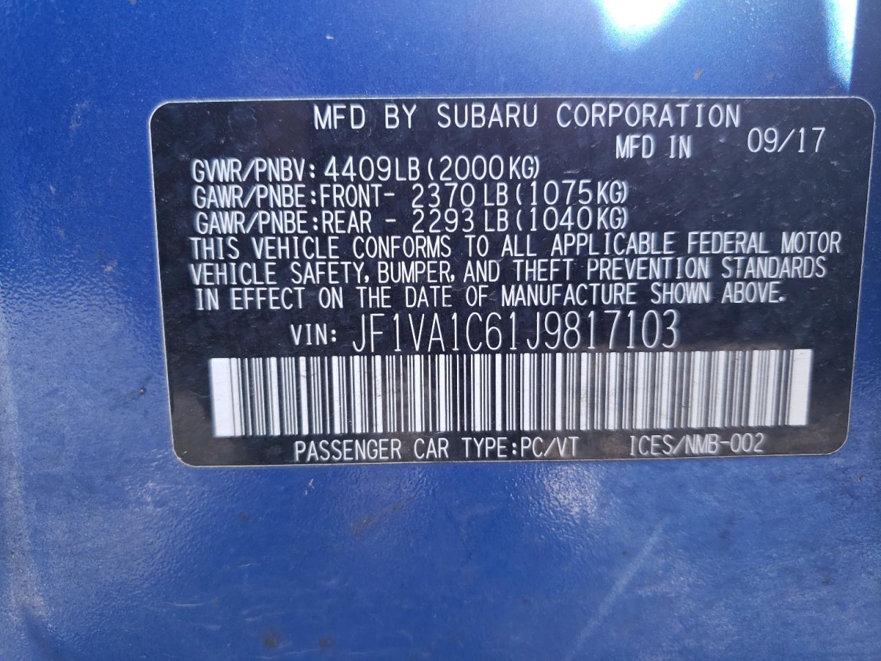 2018 Subaru WRX VIN JF1VA1C61J9817103 Copart auction photo, front end / side damage thumbnail 12