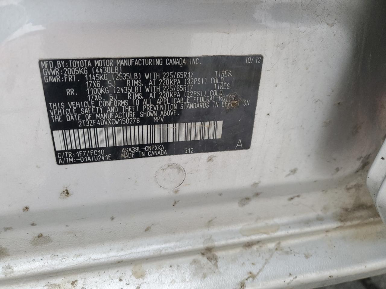 2012 Toyota RAV 4 VIN 2T3ZF4DVXCW150278 Copart auction photo, front end damage thumbnail 15