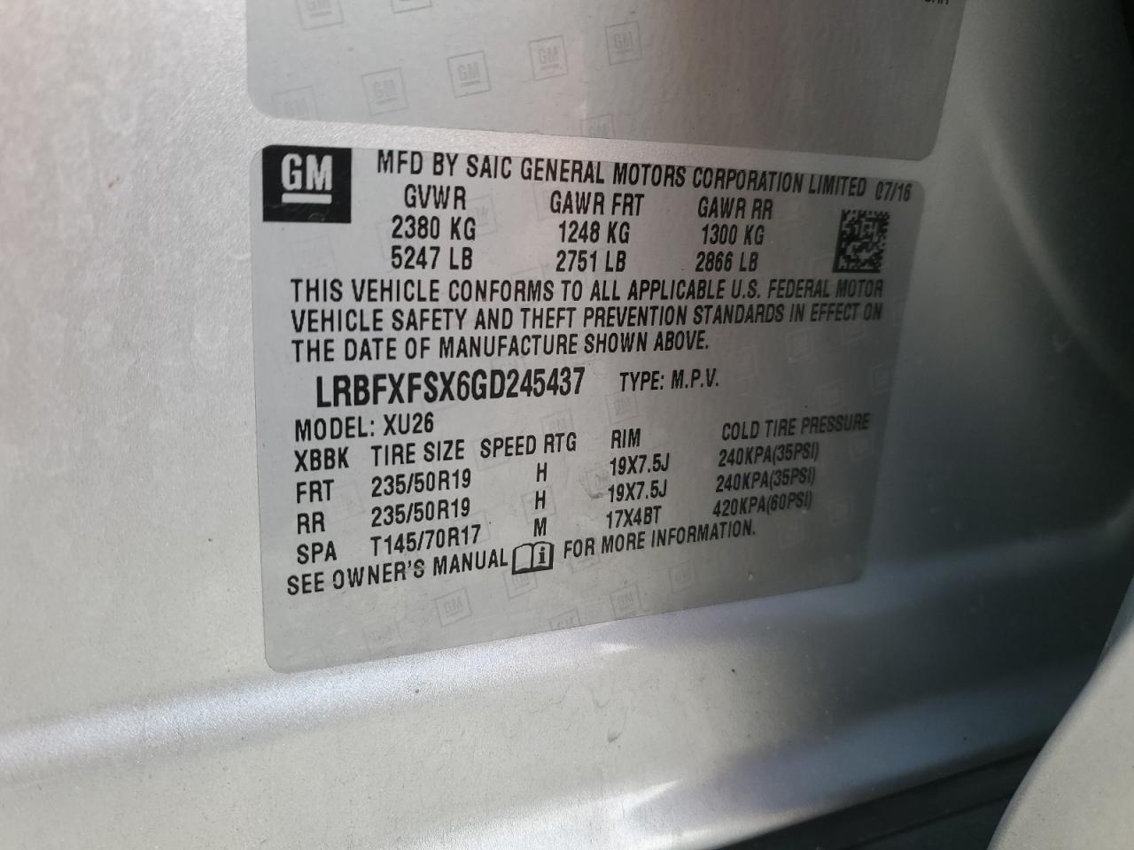 2016 Buick Envision VIN LRBFXFSX6GD245437 Copart auction photo, undercarriage / side damage thumbnail 13