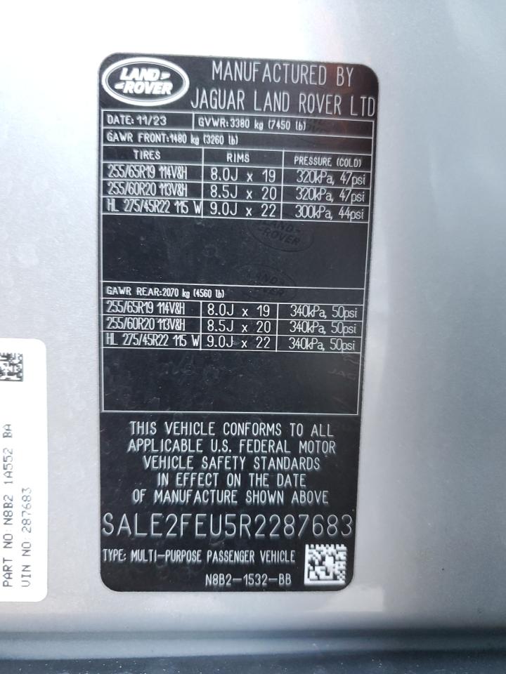 2024 Land Rover Defender VIN SALE2FEU5R2287683 Copart auction photo, all over damage thumbnail 14