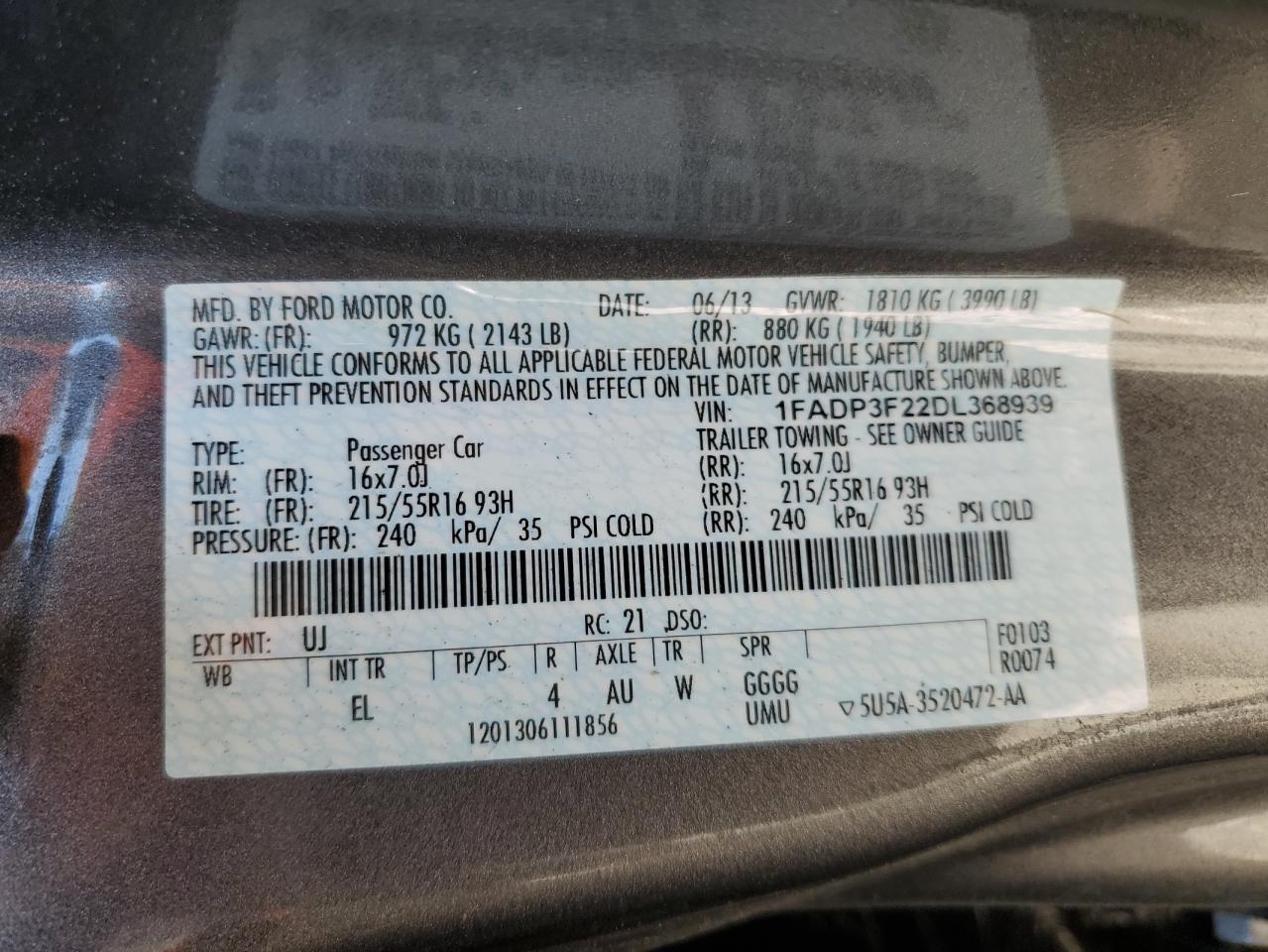 2013 Ford Focus VIN 1FADP3F22DL368939 Copart auction photo, front end / rear end damage thumbnail 14