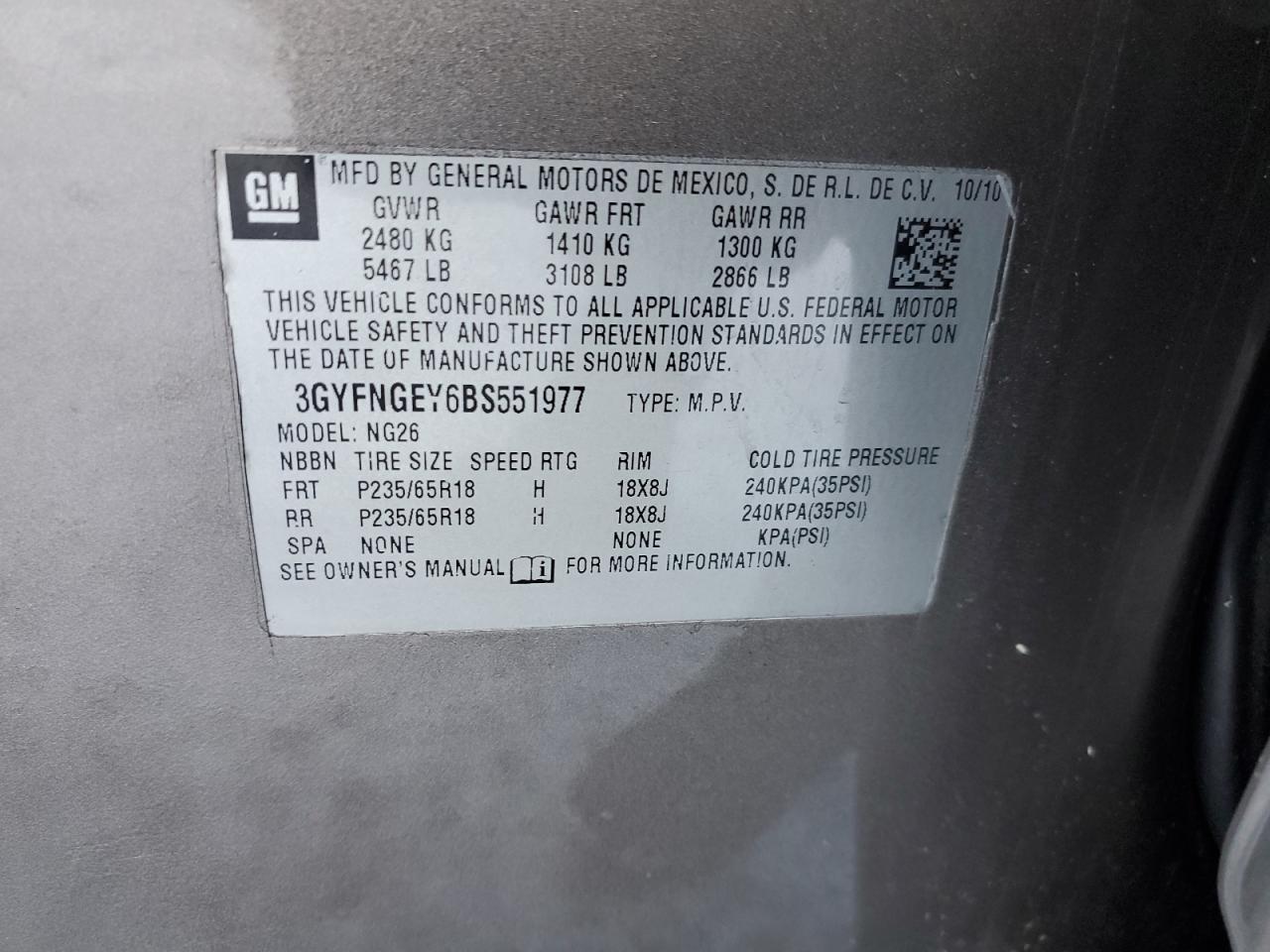2011 Cadillac SRX VIN 3GYFNGEY6BS551977 Copart auction photo, rear end / front end damage thumbnail 13