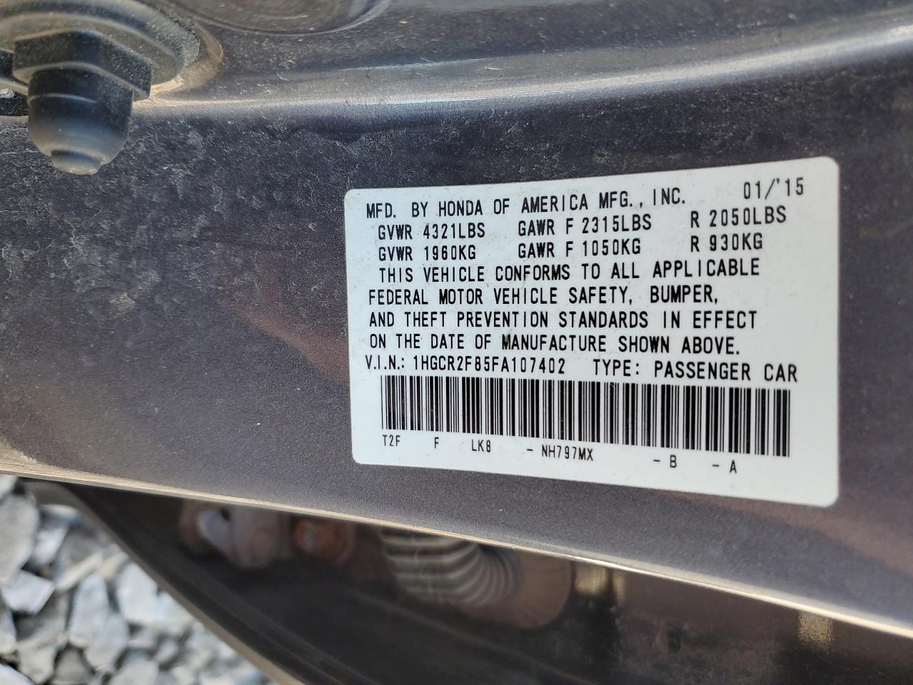2015 Honda Accord VIN 1HGCR2F85FA107402 Copart auction photo, front end damage thumbnail 12