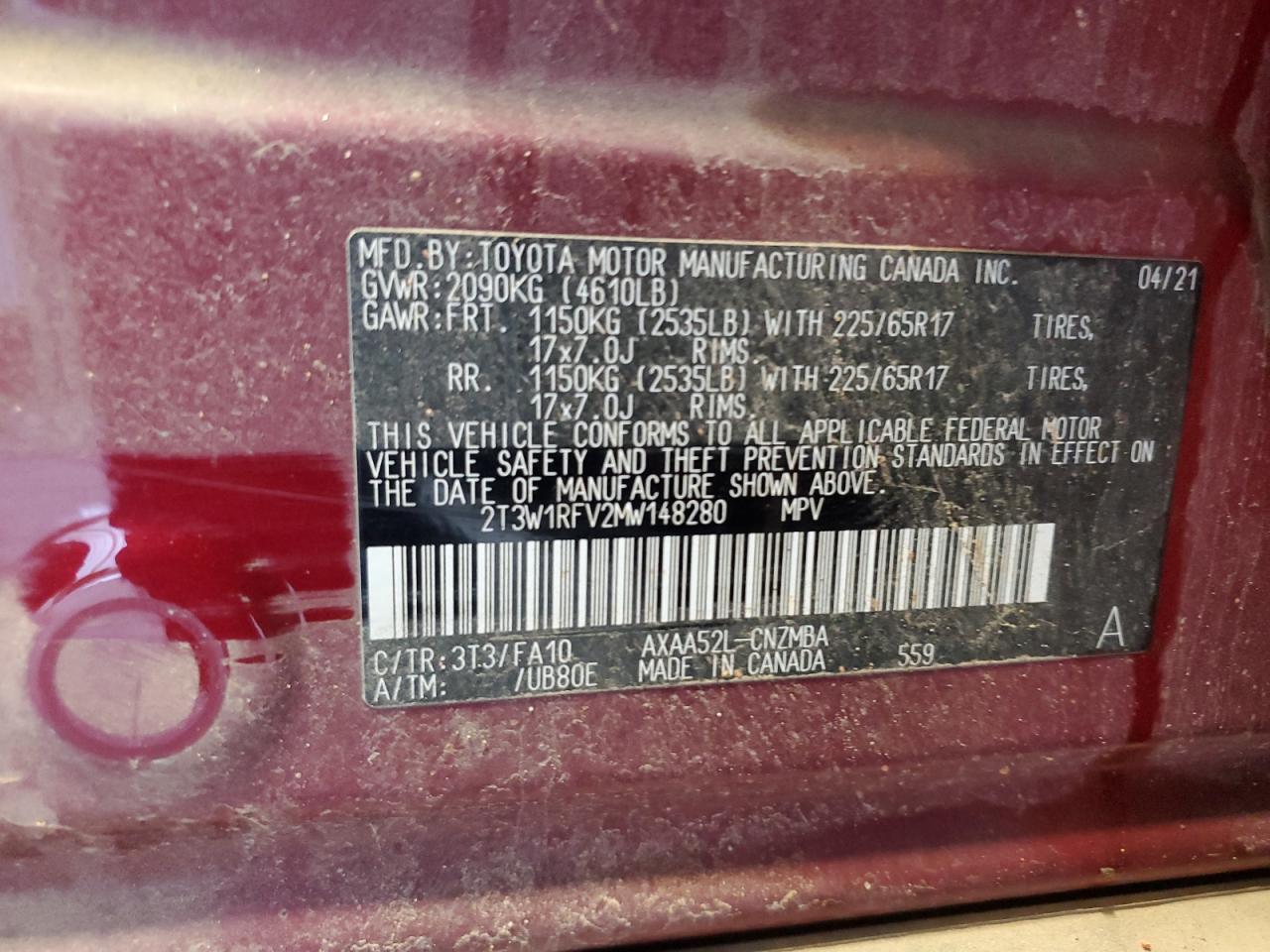 2021 Toyota RAV 4 VIN 2T3W1RFV2MW148280 Copart auction photo, front end / side damage thumbnail 13