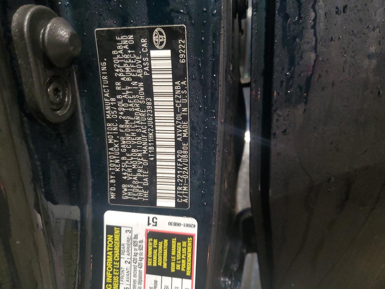 2018 Toyota Camry VIN 4T1B11HK2JU623983 Copart auction photo, front end / rear end damage thumbnail 12
