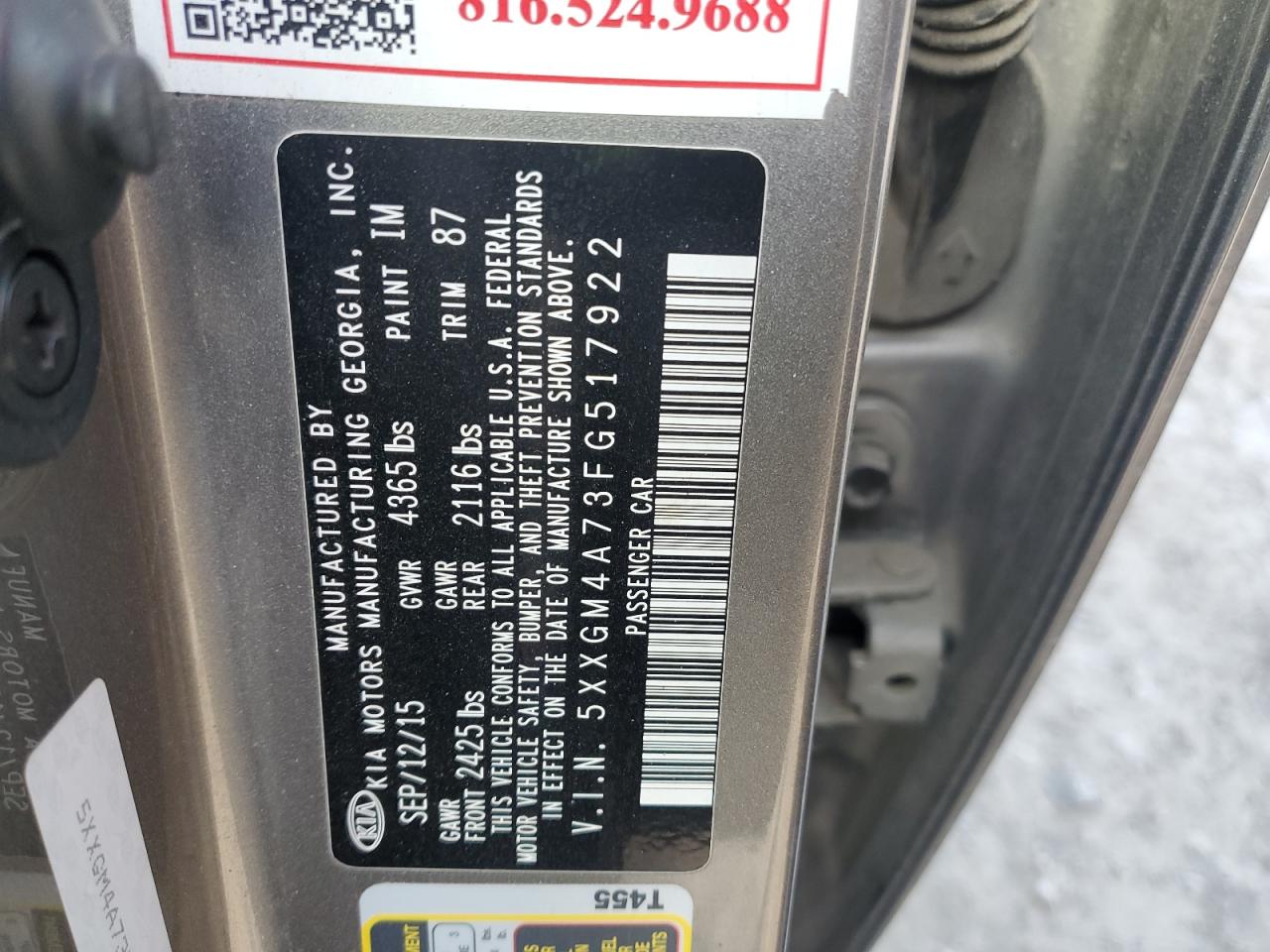 2015 KIA Optima VIN 5XXGM4A73FG517922 Copart auction photo, all over damage thumbnail 12
