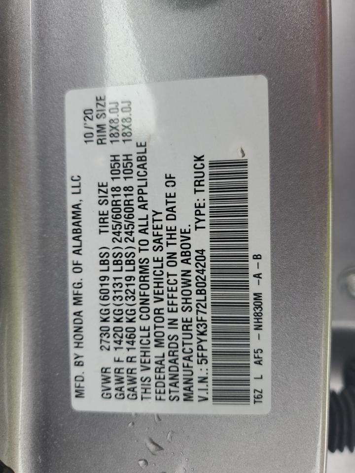 2020 Honda Ridgeline VIN 5FPYK3F72LB024204 Copart auction photo, front end / side damage thumbnail 14
