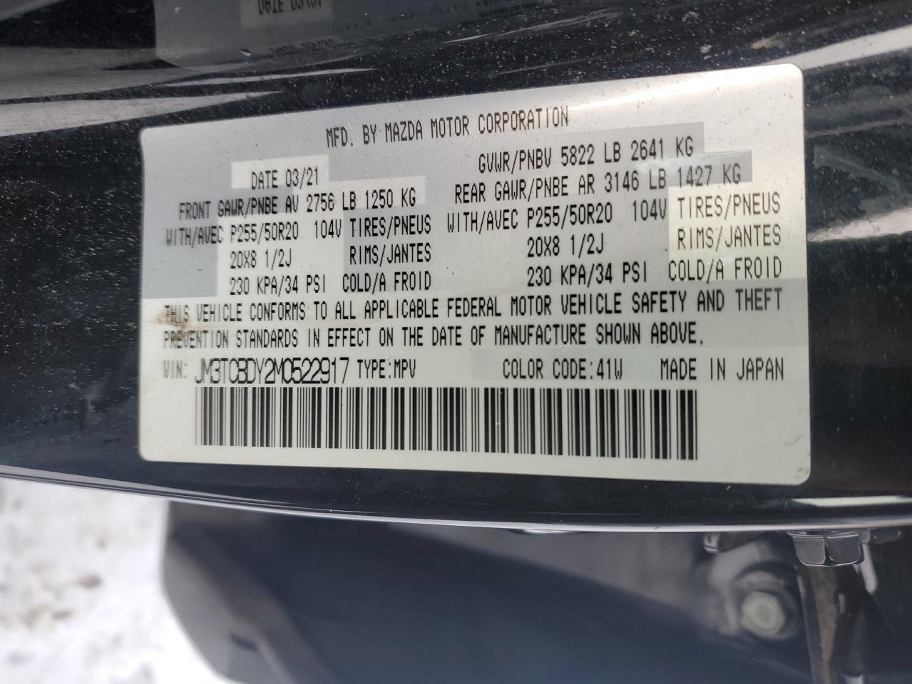 2021 Mazda CX-9 VIN JM3TCBDY2M0522917 Copart auction photo, side / front end damage thumbnail 13