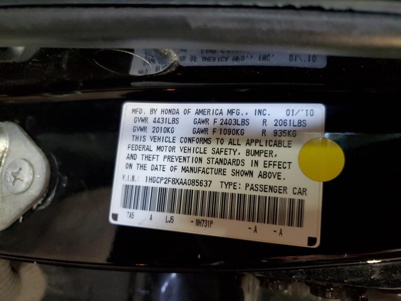 2010 Honda Accord VIN 1HGCP2F8XAA085637 Copart auction photo, rear end / front end damage thumbnail 12