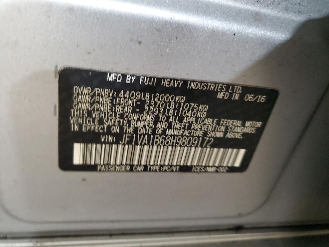 2017 Subaru WRX VIN JF1VA1B68H9809172 Copart auction photo, burn damage thumbnail 12