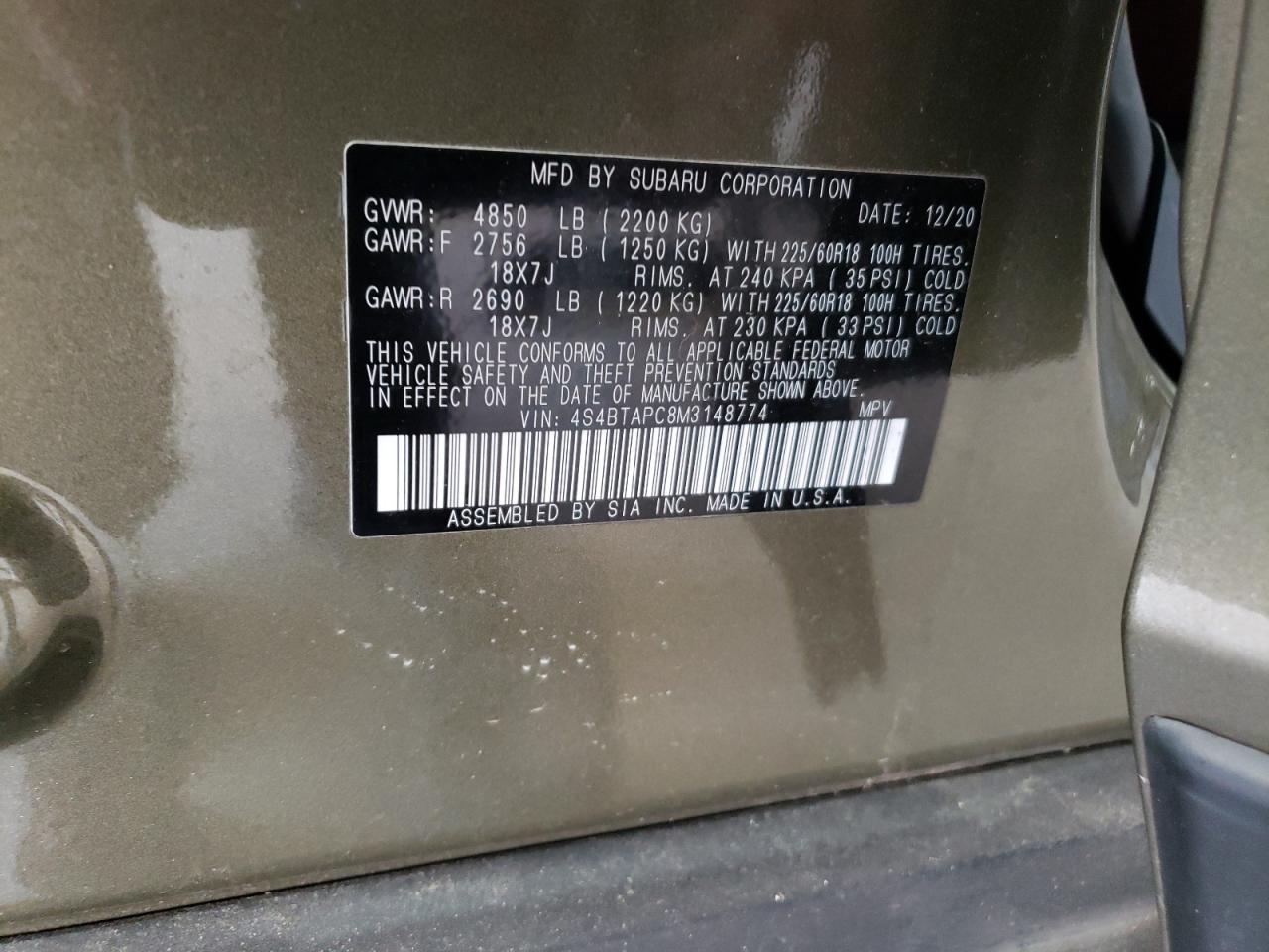 2021 Subaru Outback VIN 4S4BTAPC8M3148774 Copart auction photo, side / undercarriage damage thumbnail 14