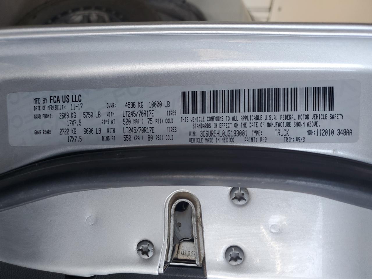 2018 RAM 2500 VIN 3C6UR5HL0JG193001 Copart auction photo, all over damage thumbnail 14