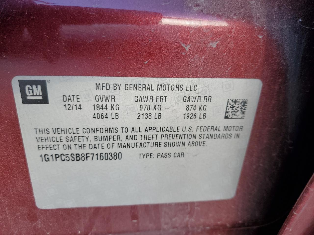 2015 Chevrolet Cruze VIN 1G1PC5SB8F7160380 Copart auction photo, front end / rear end damage thumbnail 14