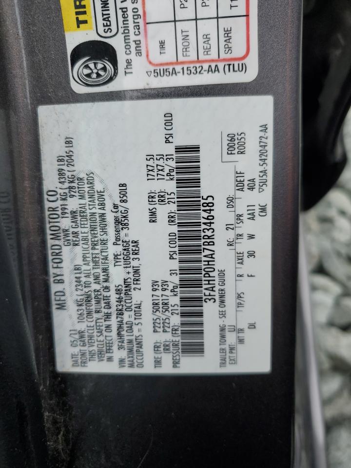2011 Ford Fusion VIN 3FAHP0HA7BR346485 Copart auction photo, rear end damage thumbnail 14