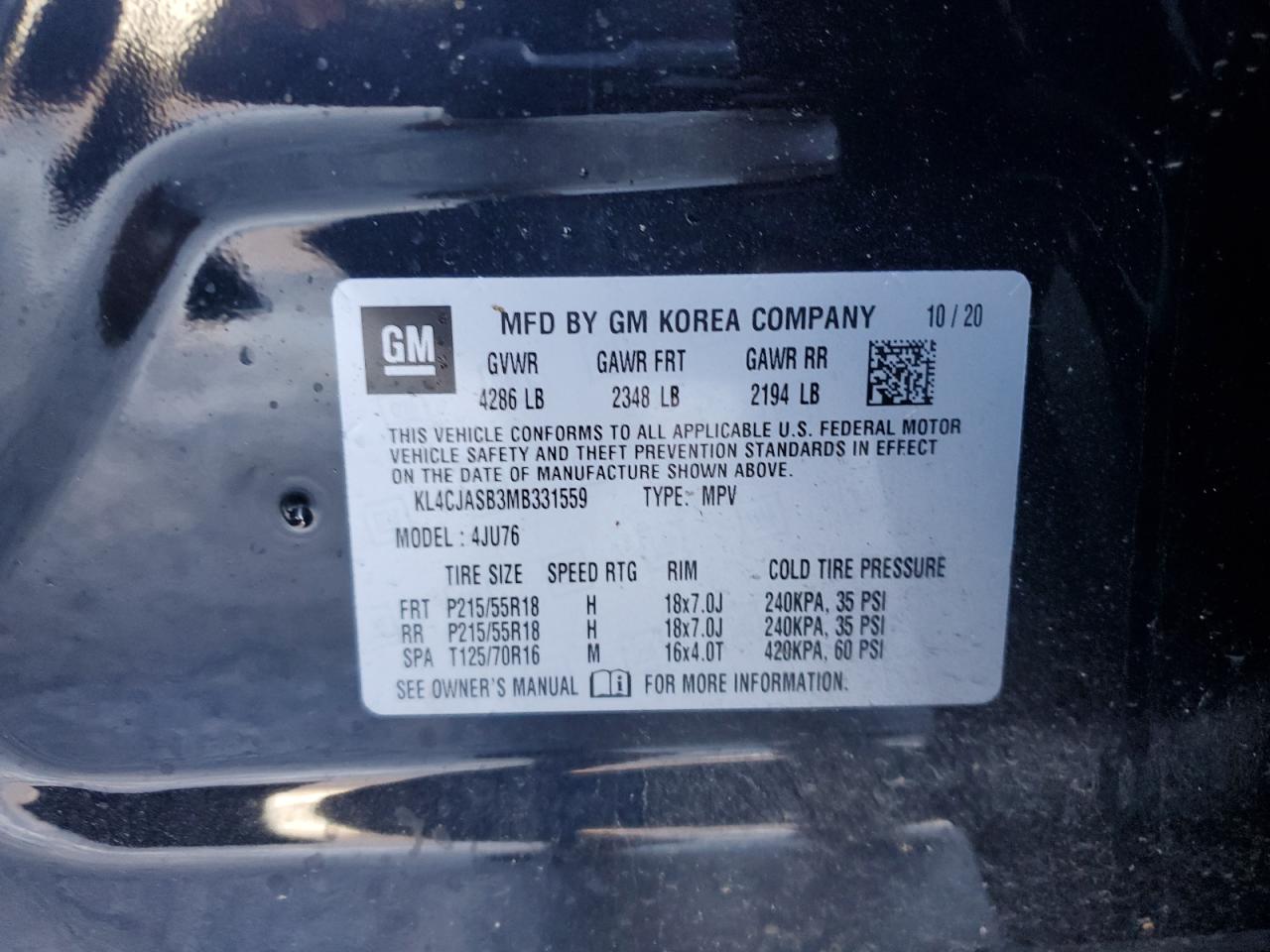 2021 Buick Encore VIN KL4CJASB3MB331559 Copart auction photo, front end / side damage thumbnail 15