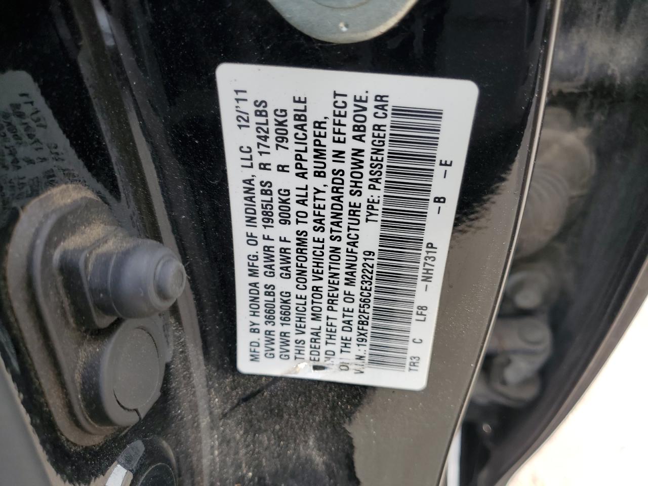 2012 Honda Civic VIN 19XFB2F56CE322219 Copart auction photo, front end damage thumbnail 12