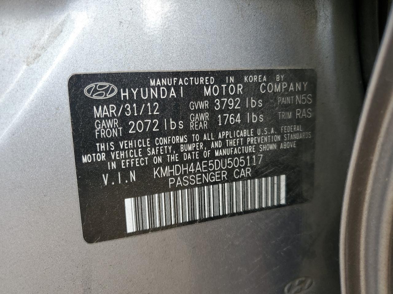 2013 Hyundai Elantra VIN KMHDH4AE5DU505117 Copart auction photo, front end / side damage thumbnail 15