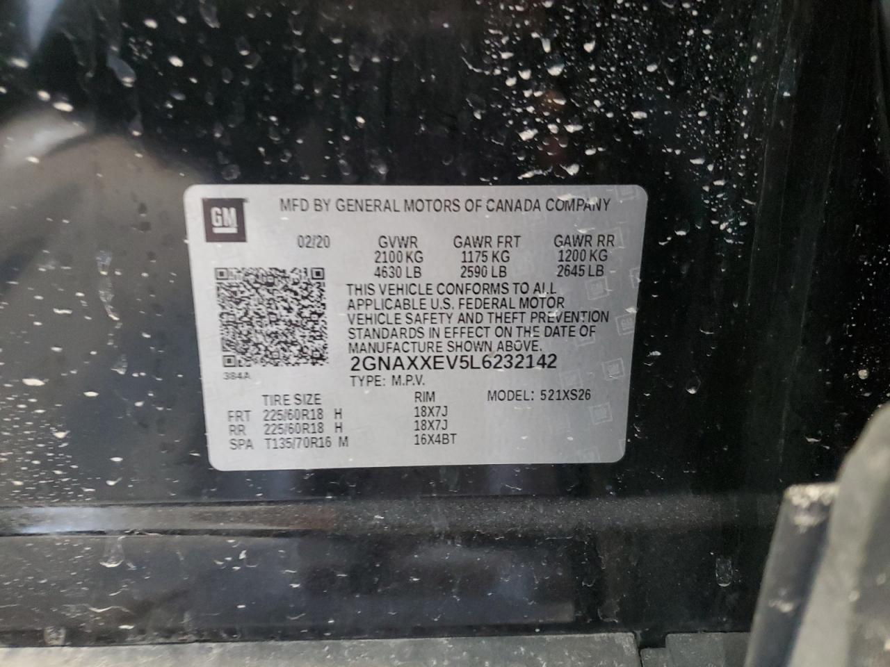 2020 Chevrolet Equinox VIN 2GNAXXEV5L6232142 Copart auction photo, rear end damage thumbnail 13