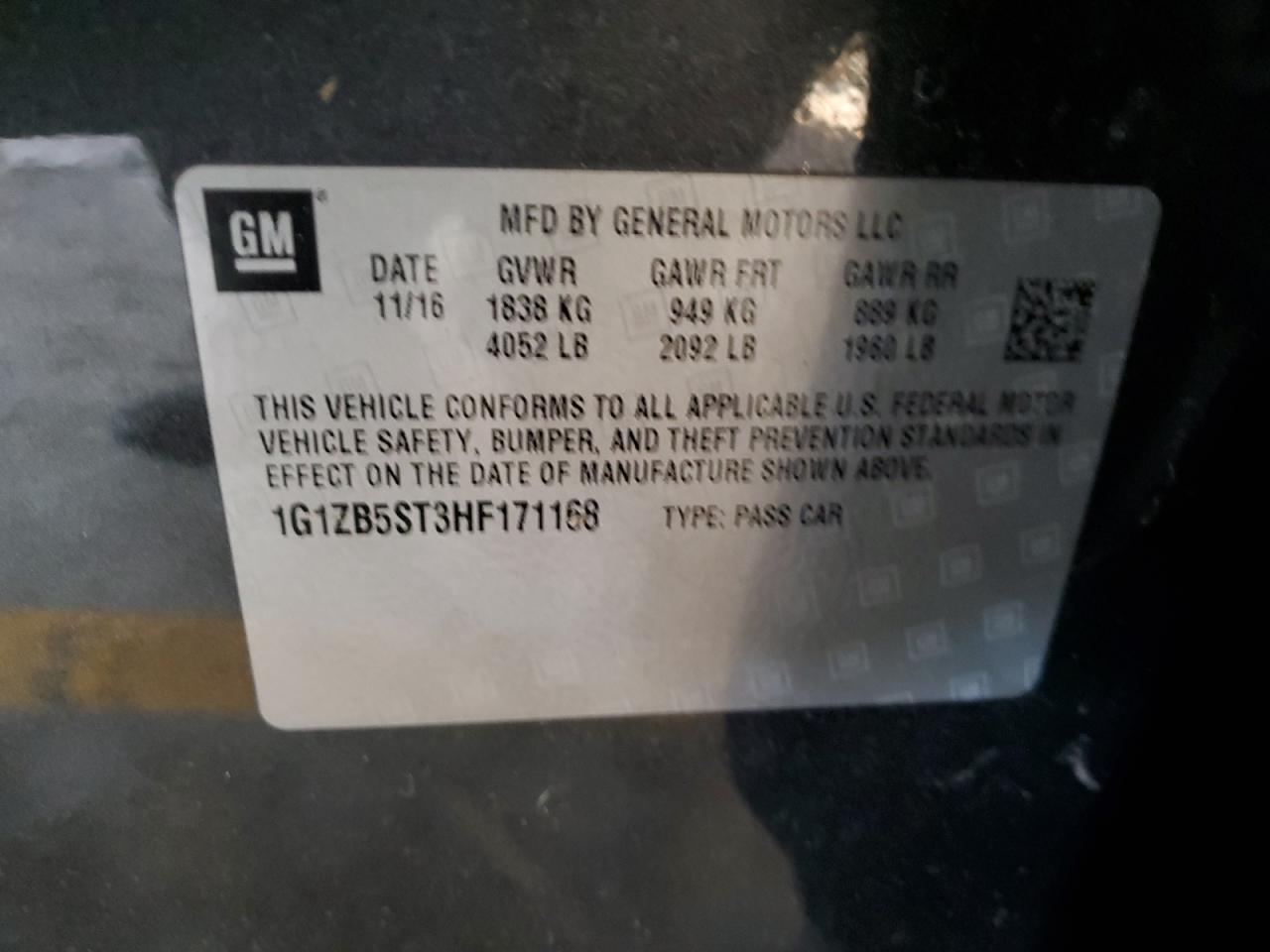 2017 Chevrolet Malibu VIN 1G1ZB5ST3HF171168 Copart auction photo, stripped damage thumbnail 12