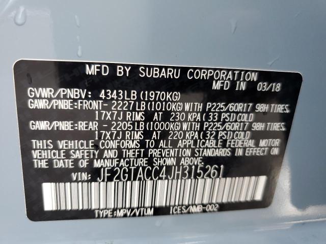 2018 Subaru XV VIN JF2GTACC4JH315261 Copart auction photo, hail / rear end damage thumbnail 14