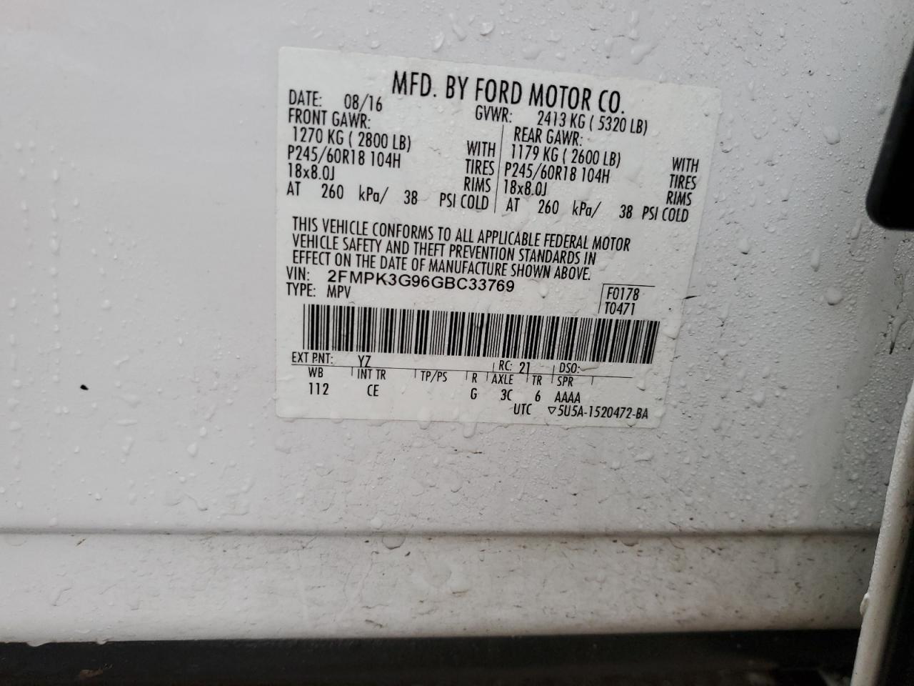 2016 Ford Edge VIN 2FMPK3G96GBC33769 Copart auction photo, front end damage thumbnail 12