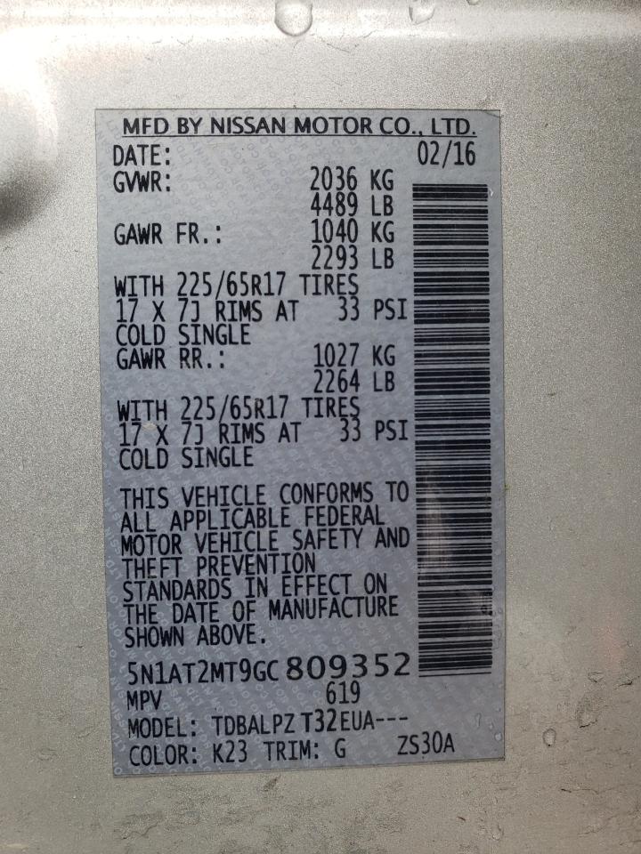 2016 Nissan Rogue VIN 5N1AT2MT9GC809352 Copart auction photo, rear end damage thumbnail 14
