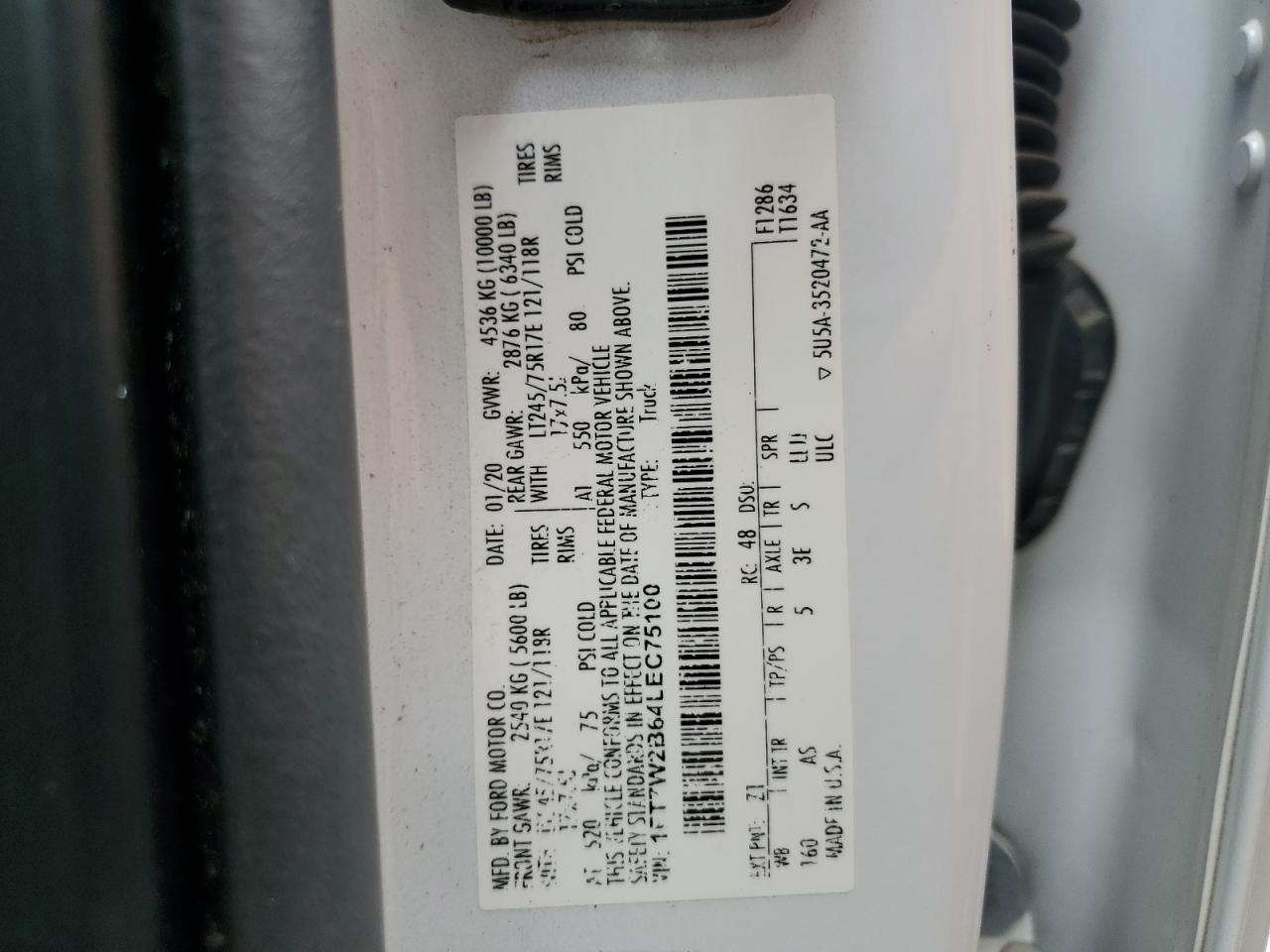 2020 Ford F250 VIN 1FT7W2B64LEC75100 Copart auction photo, all over / mechanical damage thumbnail 12