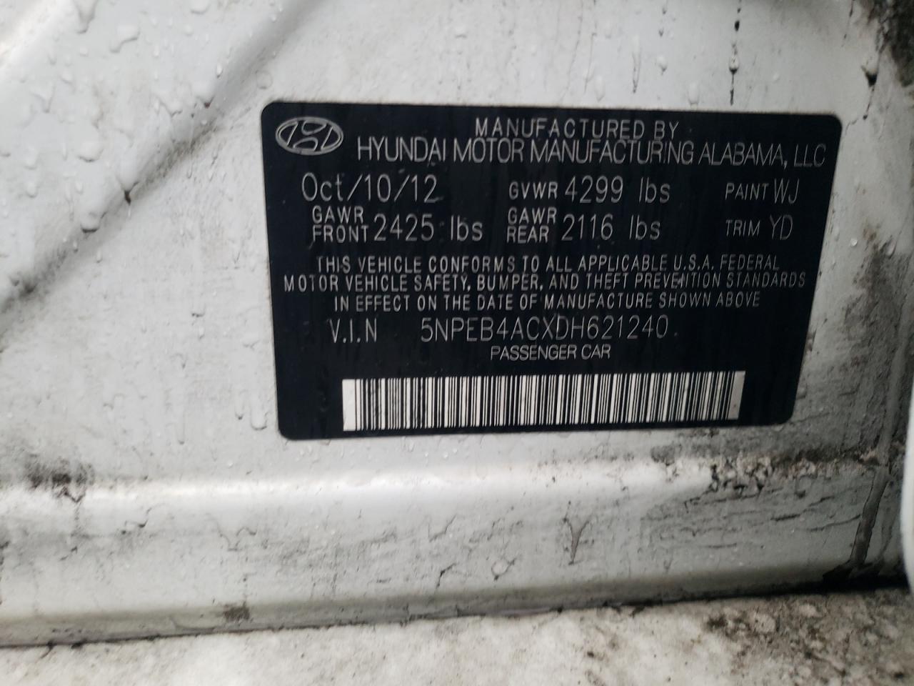 2013 Hyundai Sonata VIN 5NPEB4ACXDH621240 Copart auction photo, front end damage thumbnail 14