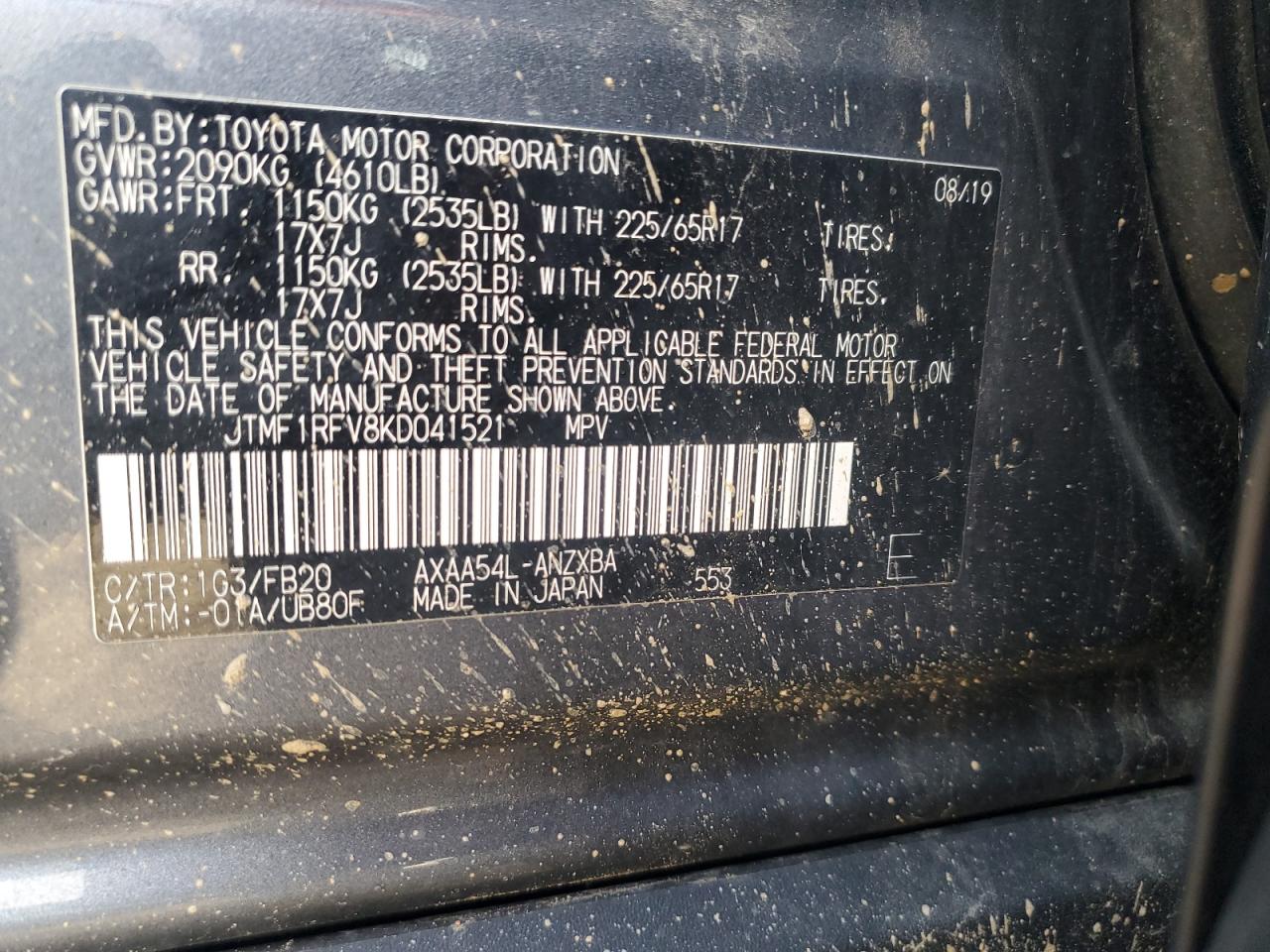 2019 Toyota RAV 4 VIN JTMF1RFV8KD041521 Copart auction photo, front end damage thumbnail 15