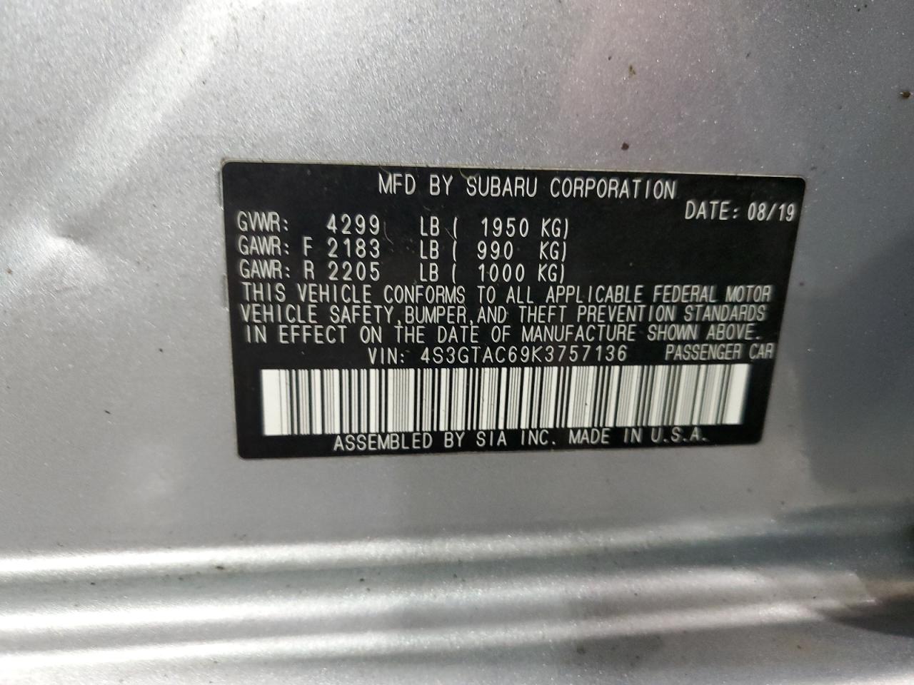 2019 Subaru Impreza VIN 4S3GTAC69K3757136 Copart auction photo, front end damage thumbnail 14
