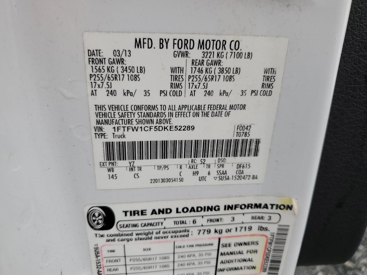 2013 Ford F-150 VIN 1FTFW1CF5DKE52289 Copart auction photo, front end damage thumbnail 13