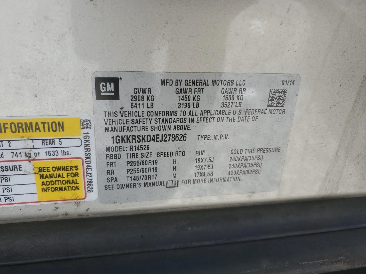 2014 GMC Acadia VIN 1GKKRSKD4EJ278626 Copart auction photo, side damage thumbnail 15
