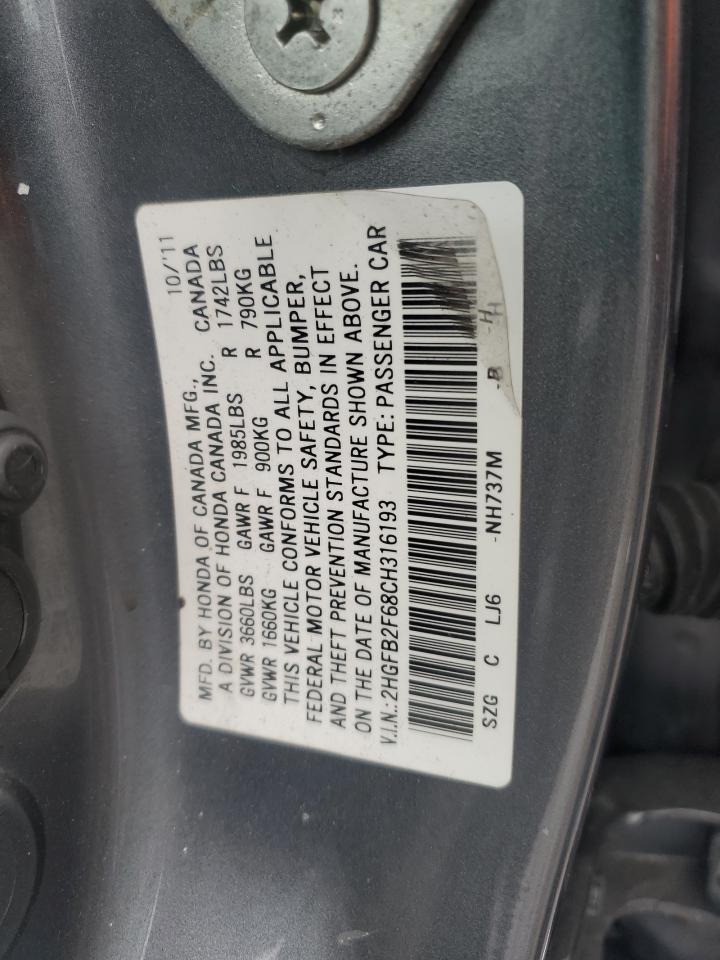 2012 Honda Civic VIN 2HGFB2F68CH316193 Copart auction photo, side damage thumbnail 12