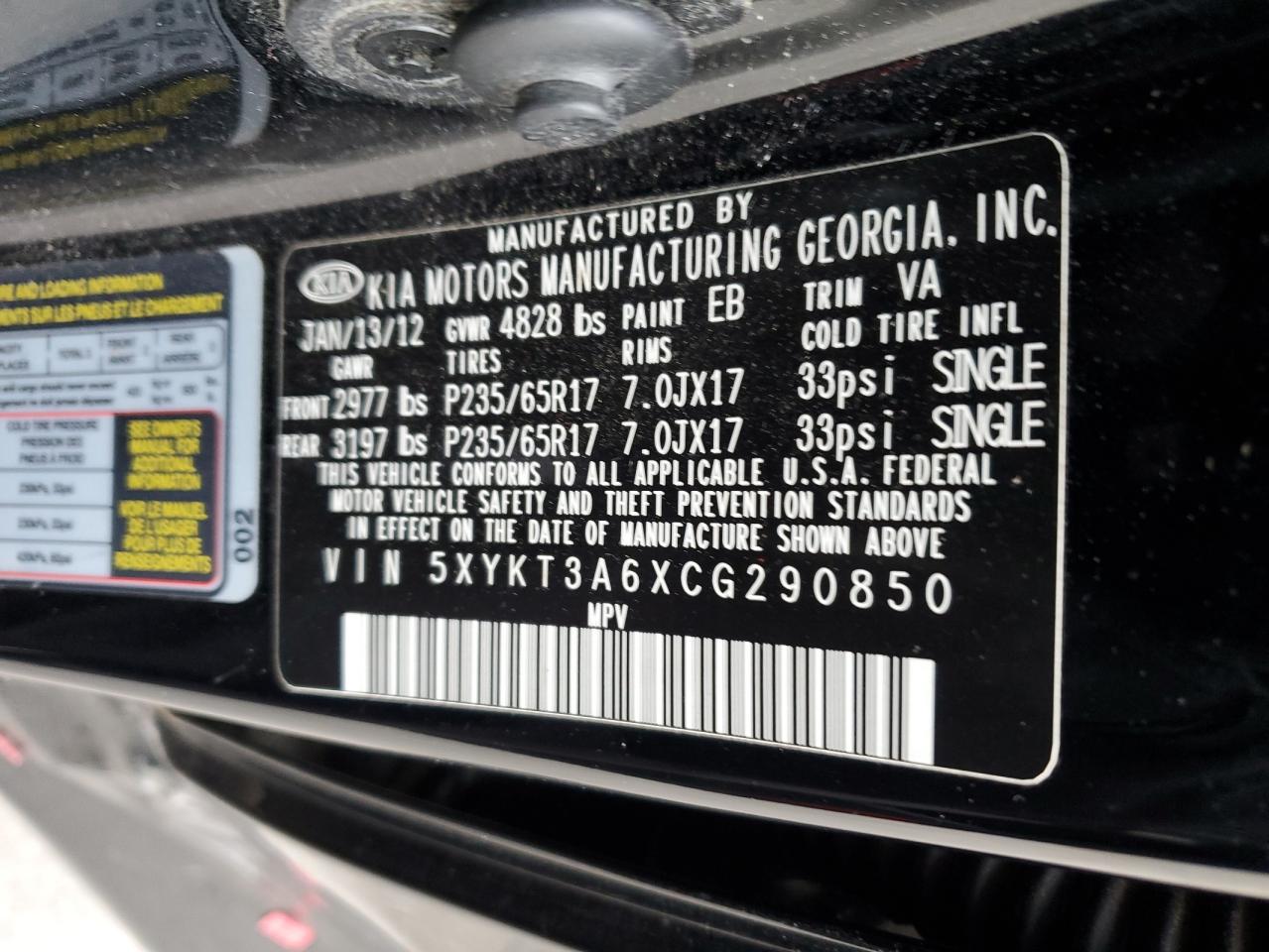 2012 KIA Sorento VIN 5XYKT3A6XCG290850 Copart auction photo, side damage thumbnail 15