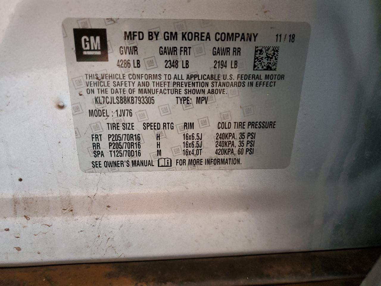 2019 Chevrolet Trax VIN KL7CJLSB8KB793305 Copart auction photo, all over / hail damage thumbnail 13