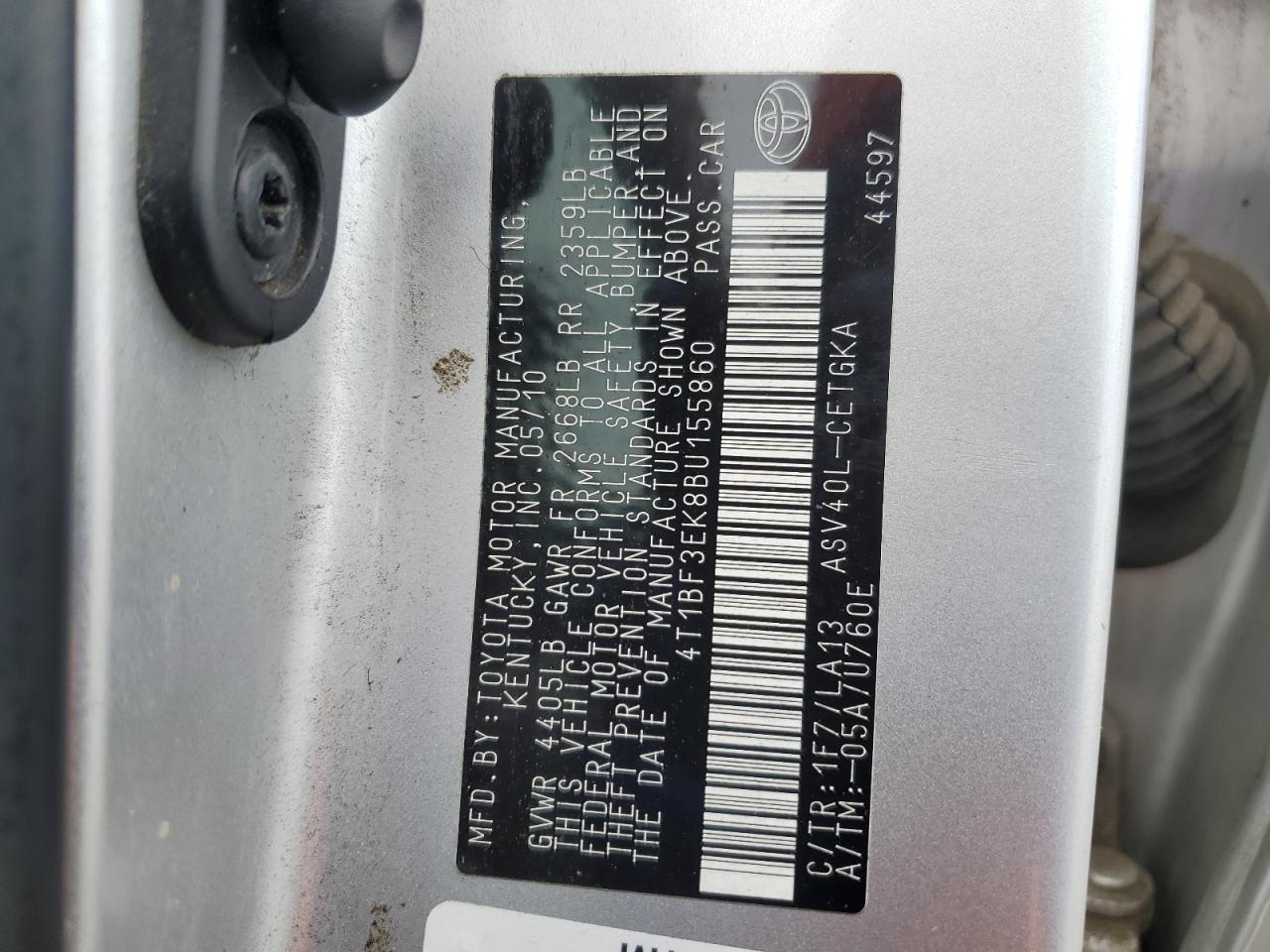 2011 Toyota Camry VIN 4T1BF3EK8BU155860 Copart auction photo, rear end / front end damage thumbnail 12