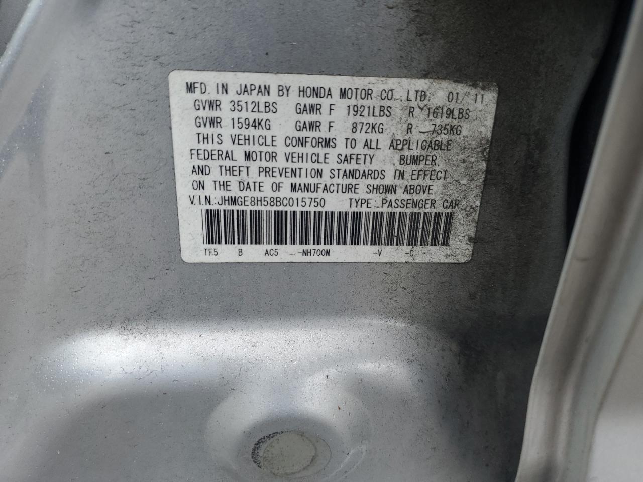 2011 Honda Fit VIN JHMGE8H58BC015750 Copart auction photo, side damage thumbnail 12