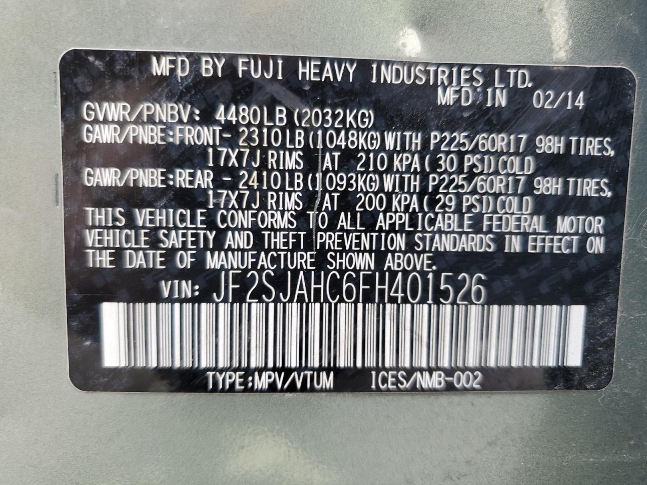 2015 Subaru Forester VIN JF2SJAHC6FH401526 Copart auction photo, front end / rear end damage thumbnail 13
