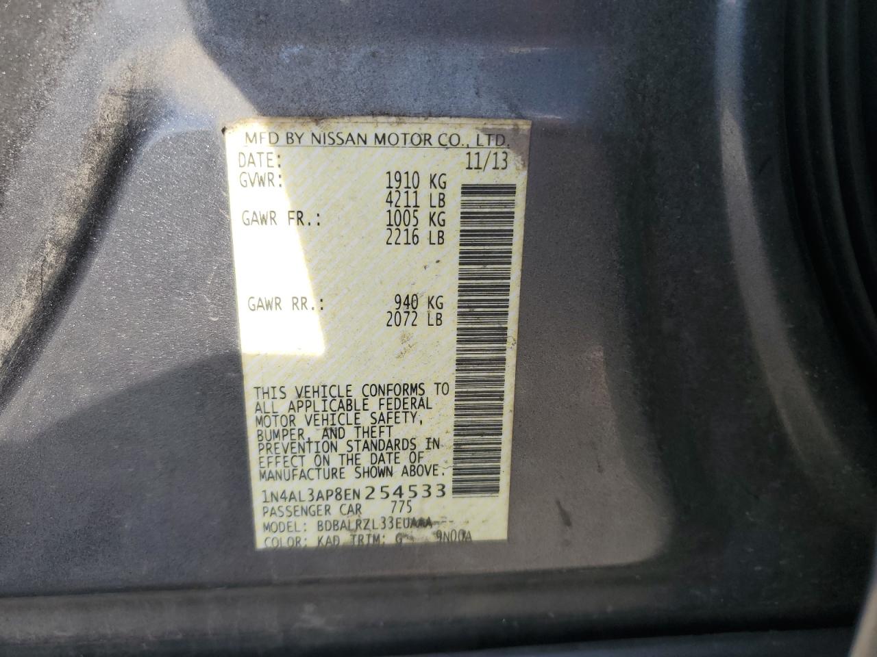 2014 Nissan Altima VIN 1N4AL3AP8EN254533 Copart auction photo, front end damage thumbnail 14