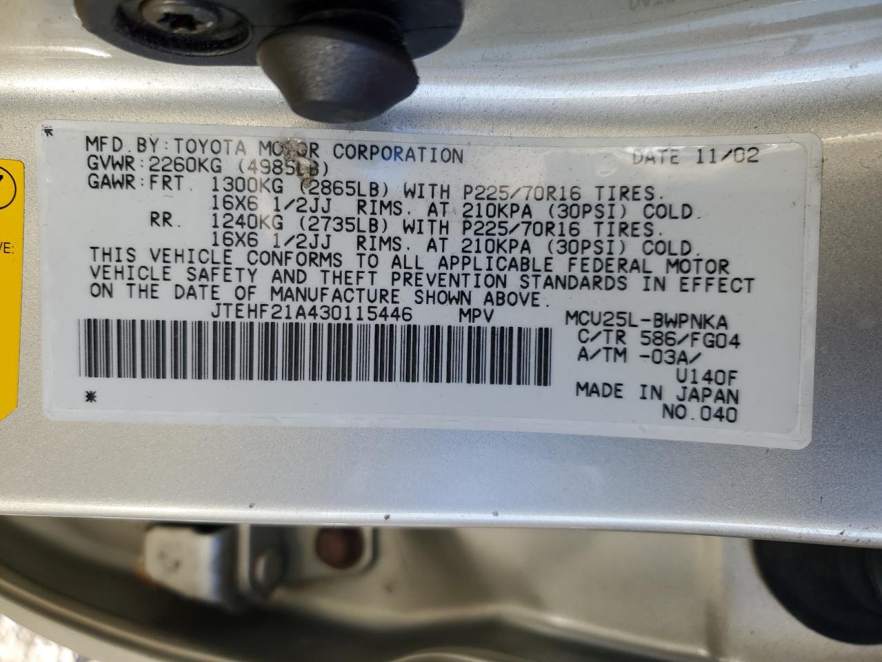 2003 Toyota Highlander VIN JTEHF21A430115446 Copart auction photo, side / front end damage thumbnail 15