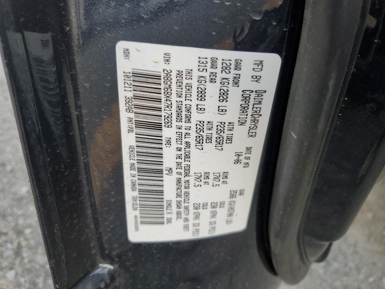2007 Chrysler Pacifica VIN 2A8GM68X47R179269 Copart auction photo, rear end / side damage thumbnail 13