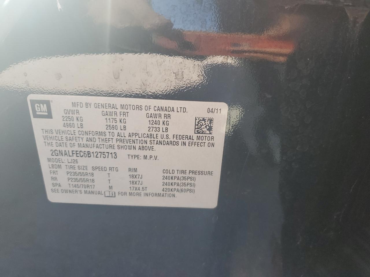 2011 Chevrolet Equinox VIN 2GNALFEC6B1275713 Copart auction photo, front end damage thumbnail 15