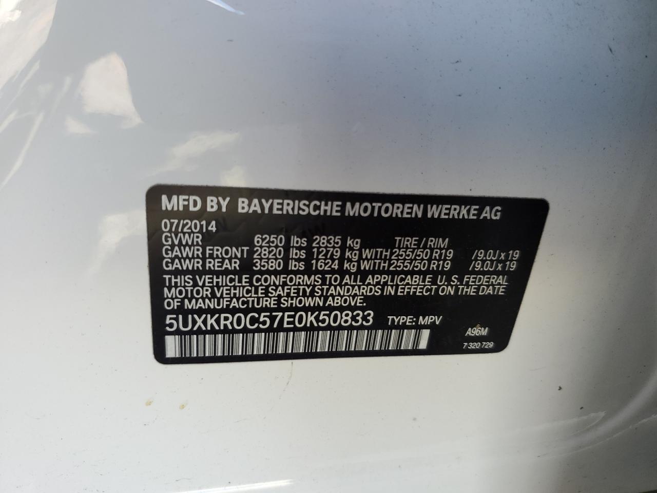 2014 BMW X5 VIN 5UXKR0C57E0K50833 Copart auction photo, front end damage thumbnail 14