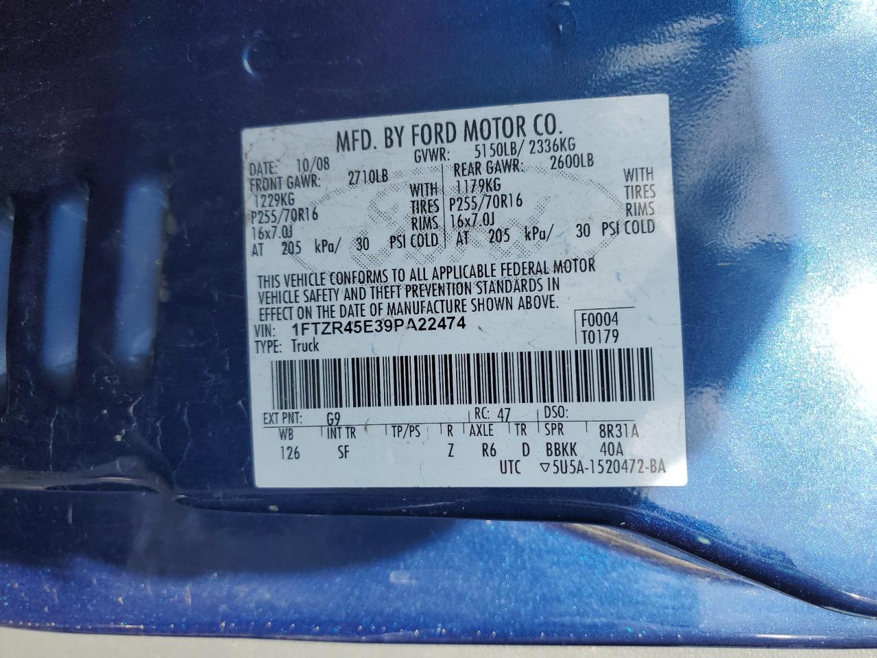 2009 Ford Ranger VIN 1FTZR45E39PA22474 Copart auction photo, all over damage thumbnail 12