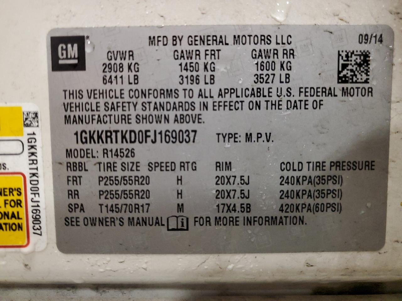 2015 GMC Acadia VIN 1GKKRTKD0FJ169037 Copart auction photo, front end / side damage thumbnail 13