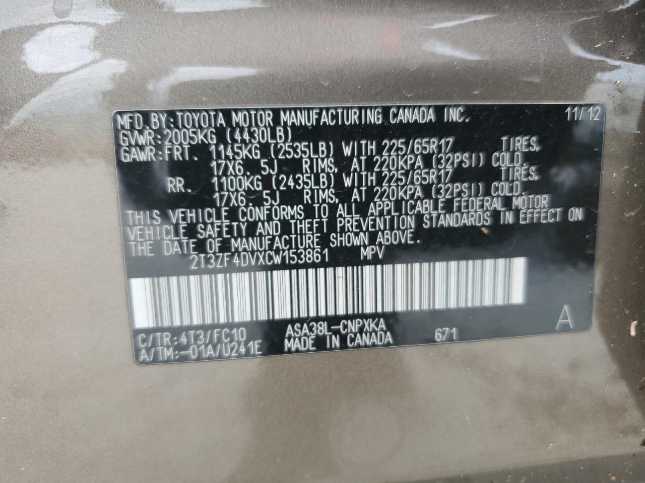 2012 Toyota RAV 4 VIN 2T3ZF4DVXCW153861 Copart auction photo, side damage thumbnail 13