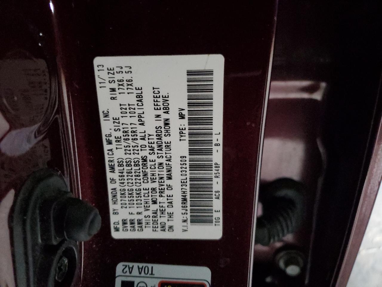 2014 Honda CR-V VIN 5J6RM4H73EL032509 Copart auction photo, biohazard/chemical / rear end damage thumbnail 13