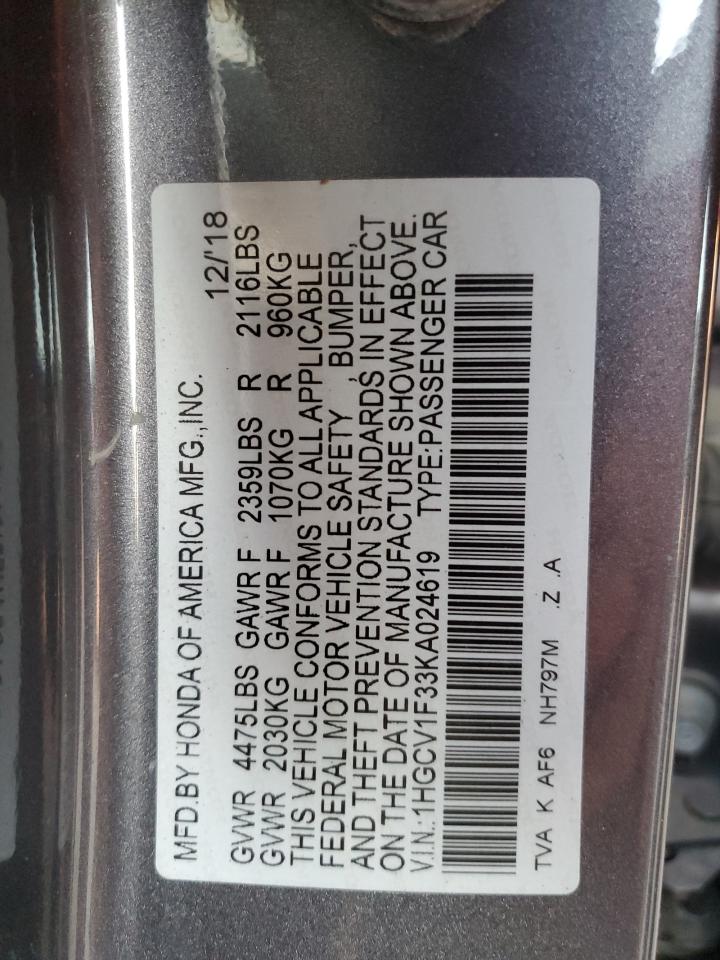 2019 Honda Accord VIN 1HGCV1F33KA024619 Copart auction photo, all over damage thumbnail 13