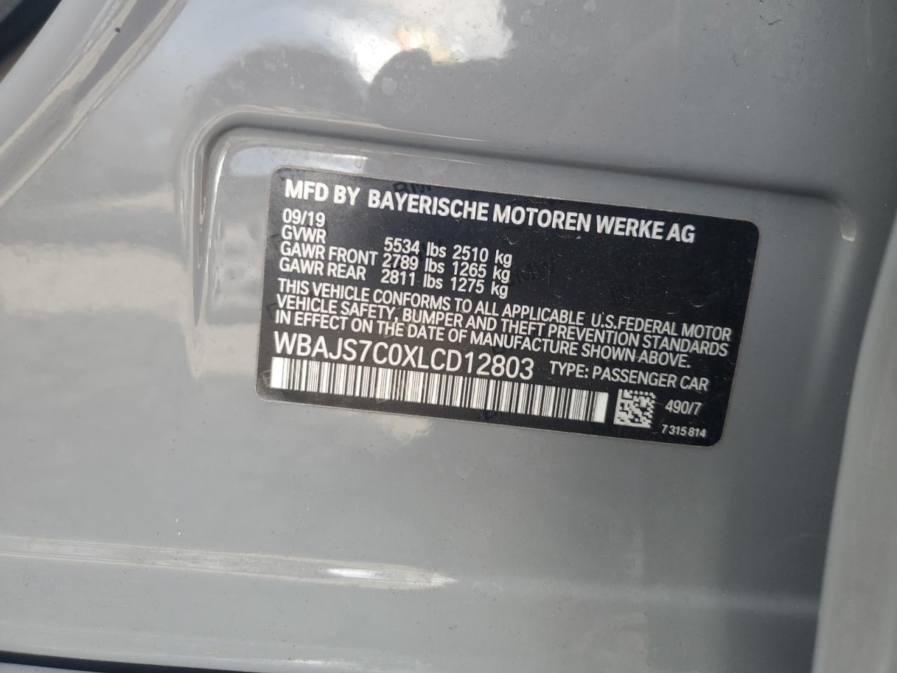2020 BMW M5 VIN WBAJS7C0XLCD12803 Copart auction photo, front end / side damage thumbnail 13