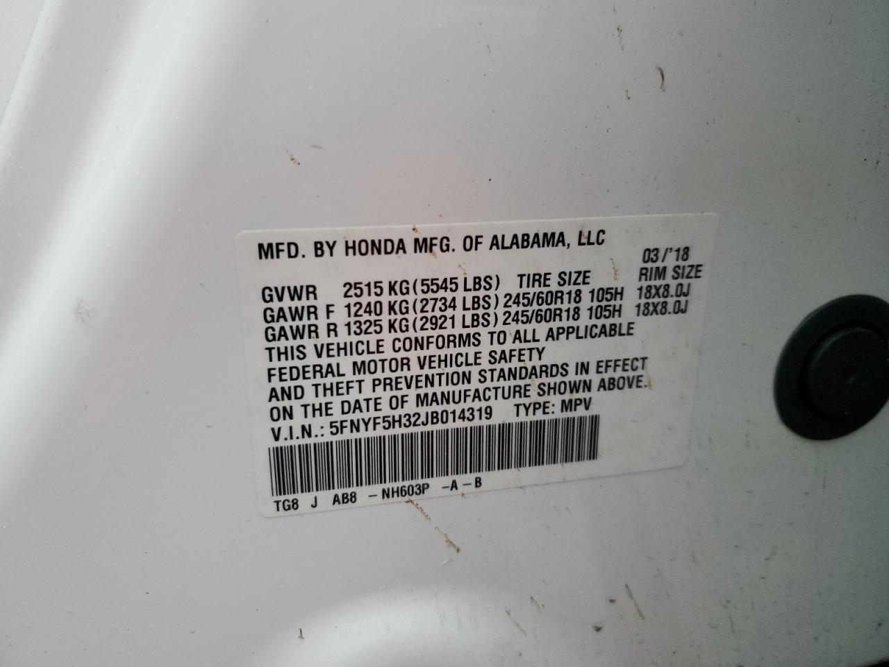 2018 Honda Pilot VIN 5FNYF5H32JB014319 Copart auction photo, front end damage thumbnail 13